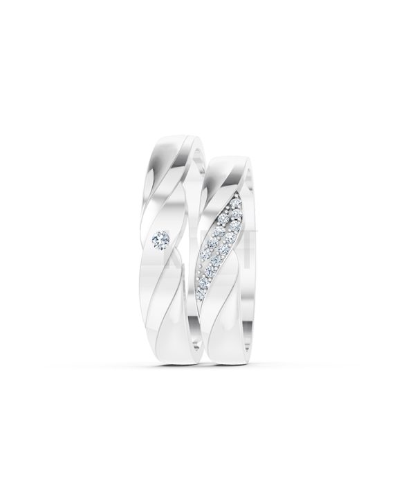 Nhẫn cưới E177 hiện đại với các đường xoắn uốn cong nhẹ nhàng màu vàng trắng White Gold vàng sáng bóng, thiết kế trẻ trung