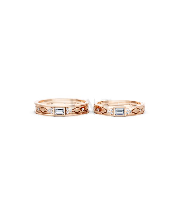 Nhẫn cưới E614 phong cách hiện đại, đá hình chữ nhật độc đáo màu vàng hồng Rose Gold thiết kế đối xứng, phong cách, ấn tượng