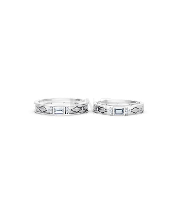 Nhẫn cưới E614 phong cách hiện đại, đá hình chữ nhật độc đáo màu vàng trắng White Gold vàng sáng bóng, thiết kế trẻ trung