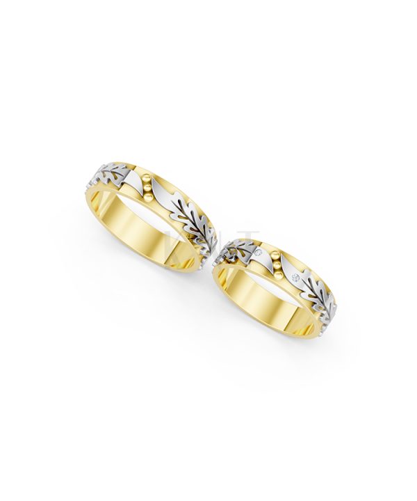 Nhẫn cưới E616 hoạ tiết lá cây mềm mại, thiết kế hiện đại phối màu Dual Color vàng đẹp, họa tiết hình học, độc đáo