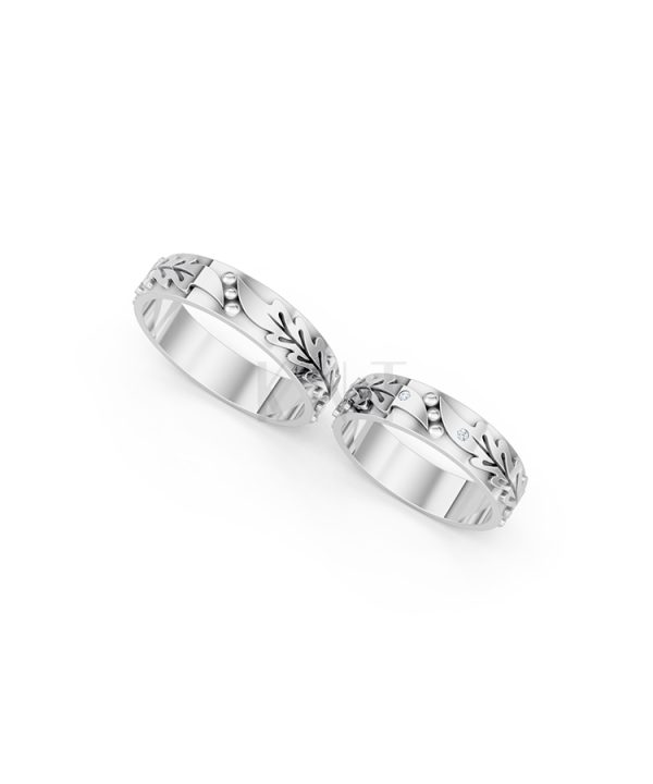 Nhẫn cưới E616 hoạ tiết lá cây mềm mại, thiết kế hiện đại màu vàng trắng White Gold kiểu dáng cá tính, hiện đại