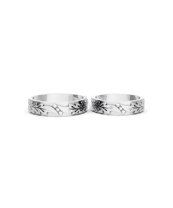 Nhẫn cưới E616 hoạ tiết lá cây mềm mại, thiết kế hiện đại màu vàng trắng White Gold vàng sáng bóng, thiết kế trẻ trung