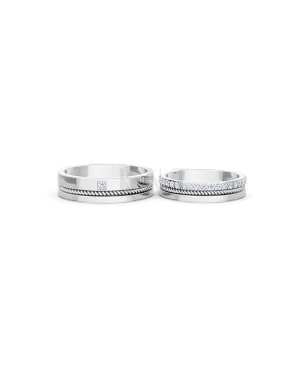 Nhẫn cưới E813 đính đá tinh xảo, thiết kế hiện đại màu vàng trắng White Gold vàng sáng, đường nét sắc sảo, tinh tế