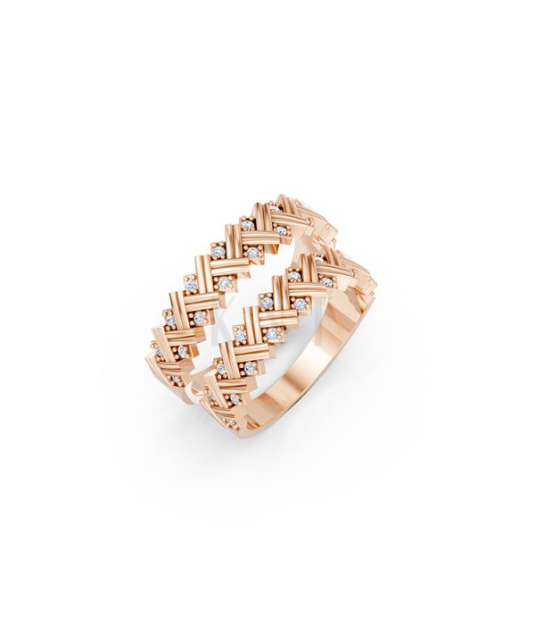 Nhẫn cưới E827 họa tiết đan chéo độc đáo và hiện đại màu vàng hồng Rose Gold họa tiết ấn tượng, cá tính