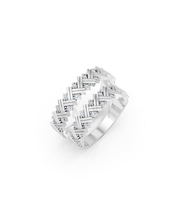 Nhẫn cưới E827 họa tiết đan chéo độc đáo và hiện đại màu vàng trắng White Gold kiểu dáng hiện đại, nổi bật