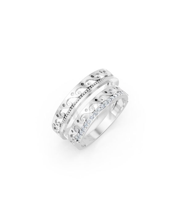 Nhẫn cưới E829 phong cách hiện đại, họa tiết sóng mềm mại màu vàng trắng White Gold kiểu dáng hiện đại, nổi bật
