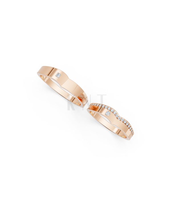 Nhẫn cưới E839 dáng chữ V độc đáo, phong cách hiện đại màu vàng hồng Rose Gold vàng đẹp, họa tiết hình học, độc đáo