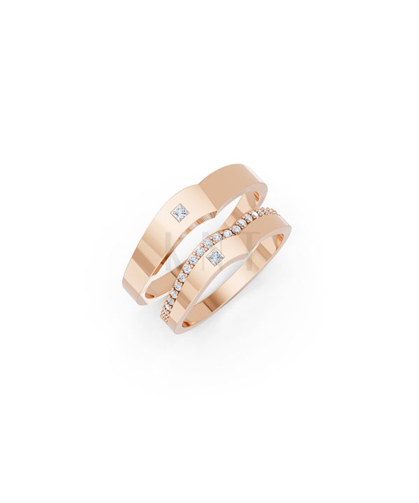 Nhẫn cưới E839 dáng chữ V độc đáo, phong cách hiện đại màu vàng hồng Rose Gold họa tiết ấn tượng, cá tính