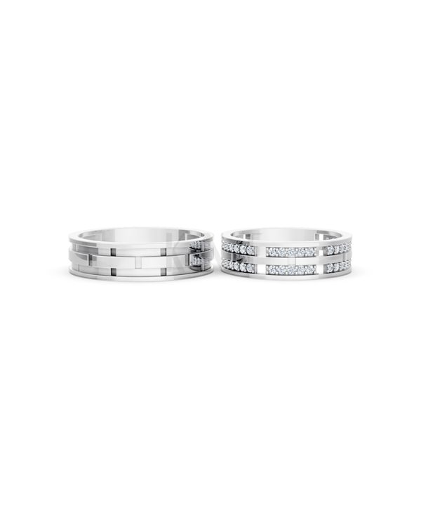Nhẫn cưới E841 bản nhẫn lớn đính đá lấp lánh, tinh xảo màu vàng trắng White Gold vàng sáng bóng, thiết kế trẻ trung