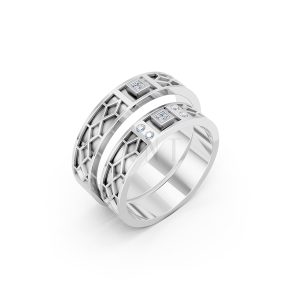 Nhẫn Cưới Collab Ceramic - E896 - Nhẫn cưới vàng tráng men đính đá màu vàng trắng White Gold kiểu dáng hiện đại, nổi bật