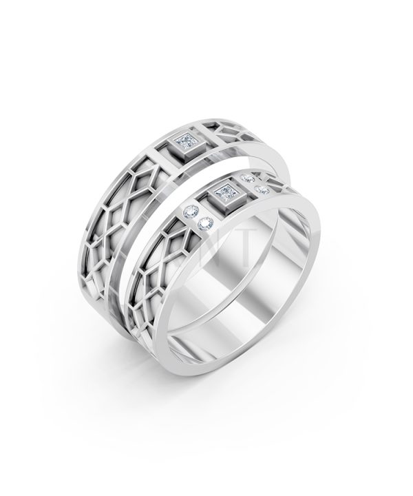 Nhẫn Cưới Collab Ceramic - E896 - Nhẫn cưới vàng tráng men đính đá màu vàng trắng White Gold kiểu dáng hiện đại, nổi bật