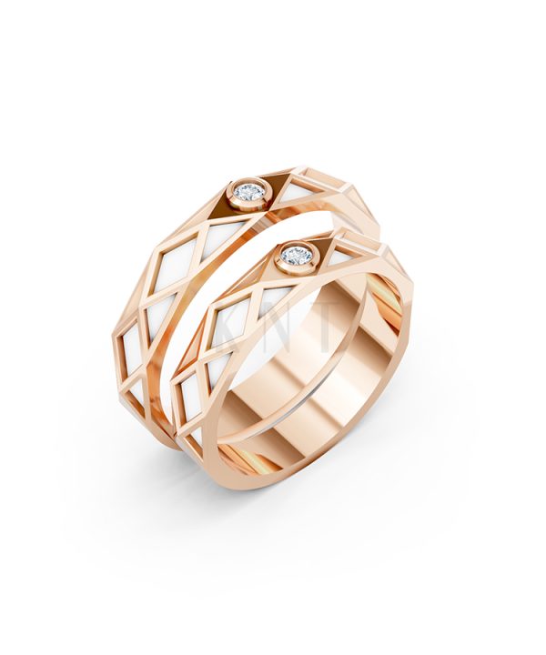 Nhẫn Cưới Collab Ceramic - E899 - Nhẫn cưới tráng men 1 hột đá màu vàng hồng Rose Gold họa tiết ấn tượng, cá tính