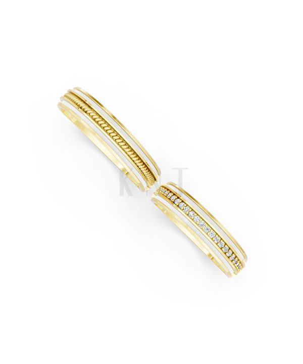 Nhẫn cưới E904: Thiết kế hiện đại, chế tác từ vàng kết hợp ceramic màu Vàng Gold vàng 10K/14K/18K/607 đính đá nhỏ, thanh lịch