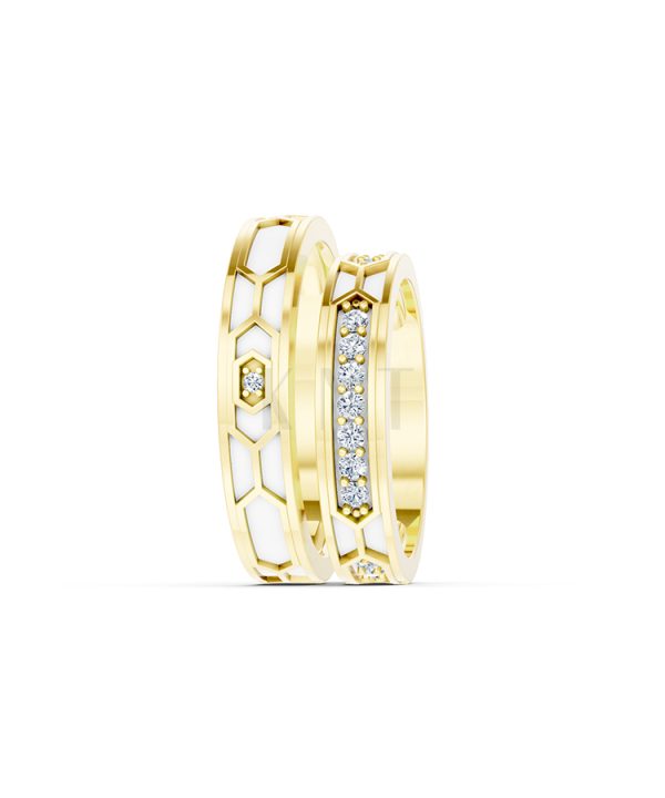 NHẪN CƯỚI COLLAB CERAMIC - E912 màu Vàng Gold đính đá trắng, thiết kế phá cách, sang trọng