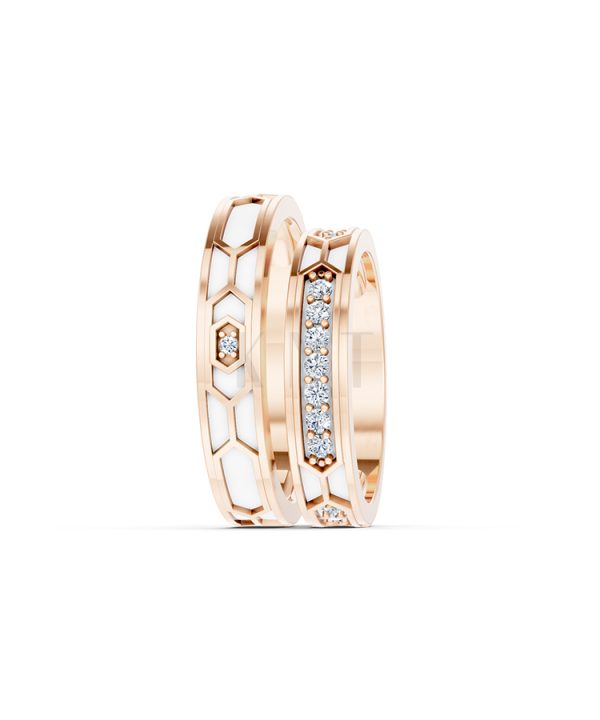 NHẪN CƯỚI COLLAB CERAMIC - E912 màu vàng hồng Rose Gold thiết kế đối xứng, phong cách, ấn tượng