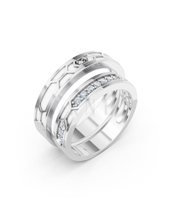 NHẪN CƯỚI COLLAB CERAMIC - E912 màu vàng trắng White Gold kiểu dáng hiện đại, nổi bật