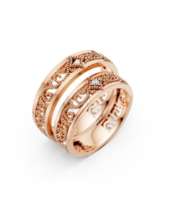 Nhẫn cưới F51 vàng hồng Rose Gold họa tiết ấn tượng, cá tính