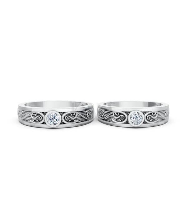 Nhẫn cưới hoa văn F32 vàng trắng White Gold vàng sáng, đường nét sắc sảo, tinh tế