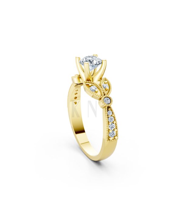 Nhẫn đính hôn R112 đá chủ tròn lấp lánh họa tiết lá cổ điển màu Vàng Gold đính đá trắng, thiết kế phá cách, sang trọng