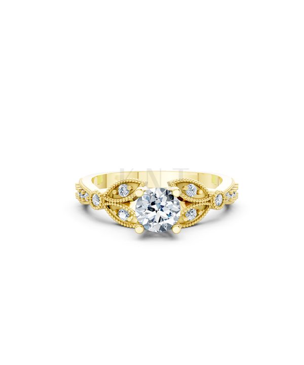 Nhẫn đính hôn R112 đá chủ tròn lấp lánh họa tiết lá cổ điển màu Vàng Gold vàng 10K/14K/18K/607 đính đá nhỏ, thanh lịch