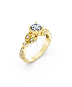 Nhẫn đính hôn R112 đá chủ tròn lấp lánh họa tiết lá cổ điển màu Vàng Gold thiết kế tinh tế, sang trọng