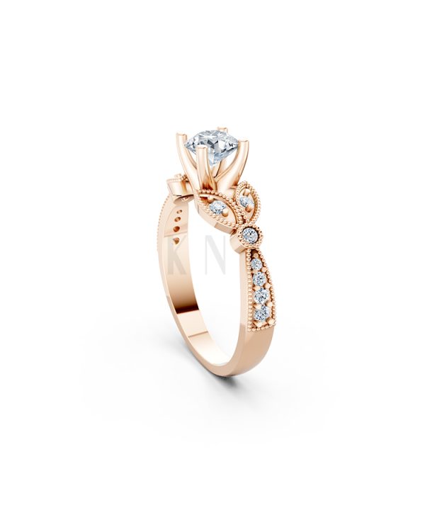 Nhẫn đính hôn R112 đá chủ tròn lấp lánh họa tiết lá cổ điển màu vàng hồng Rose Gold vàng đẹp, họa tiết hình học, độc đáo