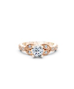 Nhẫn đính hôn R112 đá chủ tròn lấp lánh họa tiết lá cổ điển màu vàng hồng Rose Gold thiết kế đối xứng, phong cách, ấn tượng
