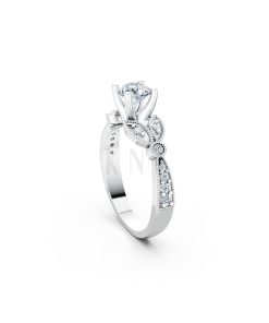 Nhẫn đính hôn R112 đá chủ tròn lấp lánh họa tiết lá cổ điển màu vàng trắng White Gold vàng sáng, đường nét sắc sảo, tinh tế