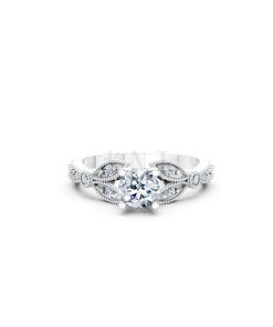 Nhẫn đính hôn R112 đá chủ tròn lấp lánh họa tiết lá cổ điển màu vàng trắng White Gold vàng sáng bóng, thiết kế trẻ trung