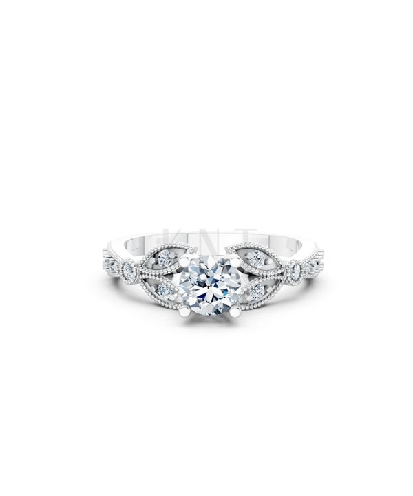 Nhẫn đính hôn R112 đá chủ tròn lấp lánh họa tiết lá cổ điển màu vàng trắng White Gold vàng sáng bóng, thiết kế trẻ trung