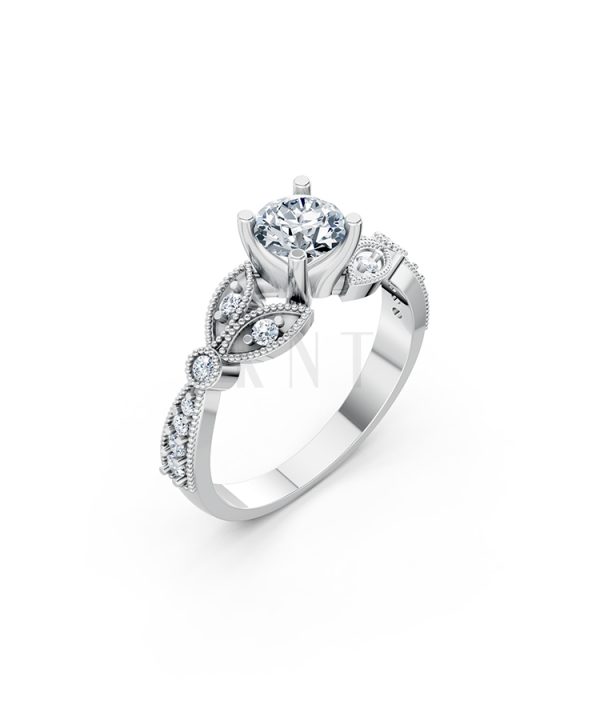 Nhẫn đính hôn R112 đá chủ tròn lấp lánh họa tiết lá cổ điển màu vàng trắng White Gold kiểu dáng hiện đại, nổi bật