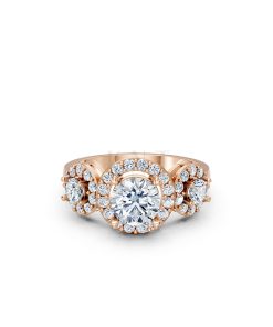 Nhẫn đính hôn R213 đính ba viên đá chủ đính tấm lấp lánh màu vàng hồng Rose Gold thiết kế đối xứng, phong cách, ấn tượng