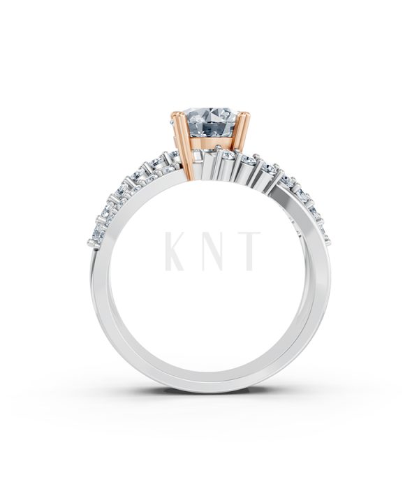 Nhẫn đính hôn R214 thiết kế hai dải uốn lượn đính đá nổi bật phối màu Dual Color vàng đẹp, họa tiết hình học, độc đáo