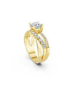 Nhẫn đính hôn R214 thiết kế hai dải uốn lượn đính đá nổi bật màu Vàng Gold mặt nhẫn chạm khắc tinh xảo, độc đáo