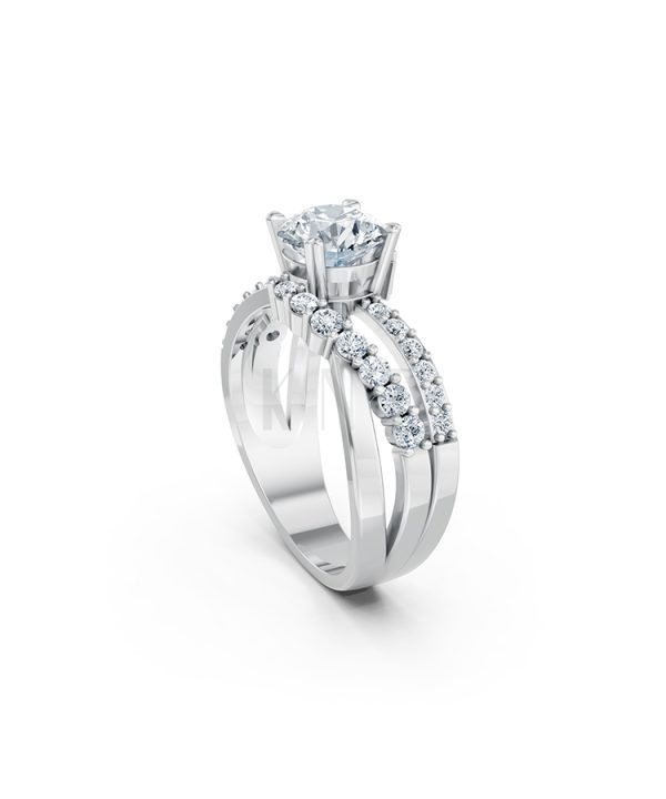 Nhẫn đính hôn R214 thiết kế hai dải uốn lượn đính đá nổi bật màu vàng trắng White Gold vàng sáng, đường nét sắc sảo, tinh tế