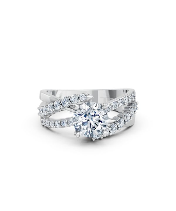 Nhẫn đính hôn R214 thiết kế hai dải uốn lượn đính đá nổi bật màu vàng trắng White Gold vàng sáng bóng, thiết kế trẻ trung