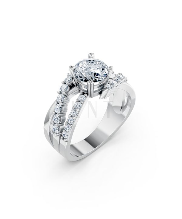 Nhẫn đính hôn R214 thiết kế hai dải uốn lượn đính đá nổi bật màu vàng trắng White Gold kiểu dáng hiện đại, nổi bật