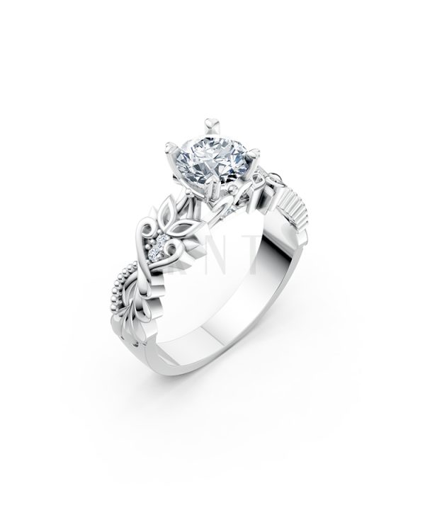 Nhẫn đính hôn R220 thiết kế hoa lá tinh xảo nổi bật nữ tính màu vàng trắng White Gold kiểu dáng hiện đại, nổi bật