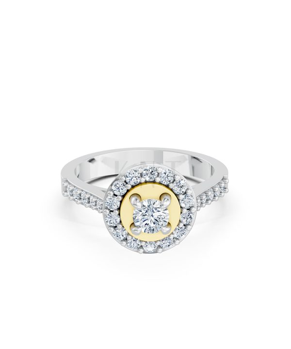 Nhẫn đính hôn đá US R227 ổ tròn hai tầng đá rực rỡ phối màu Dual Color vàng đẹp, họa tiết hình học, độc đáo