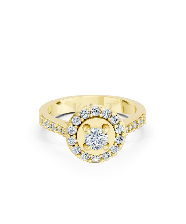 Nhẫn đính hôn đá US R227 ổ tròn hai tầng đá rực rỡ màu Vàng Gold mặt nhẫn chạm khắc tinh xảo, độc đáo