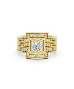 NHẪN ĐÍNH HÔN ĐÁ US - R242 - TINH XẢO, PHONG CÁCH màu Vàng Gold mặt nhẫn chạm khắc tinh xảo, độc đáo