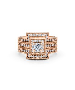 NHẪN ĐÍNH HÔN ĐÁ US - R242 - TINH XẢO, PHONG CÁCH màu vàng hồng Rose Gold vàng đẹp, họa tiết hình học, độc đáo