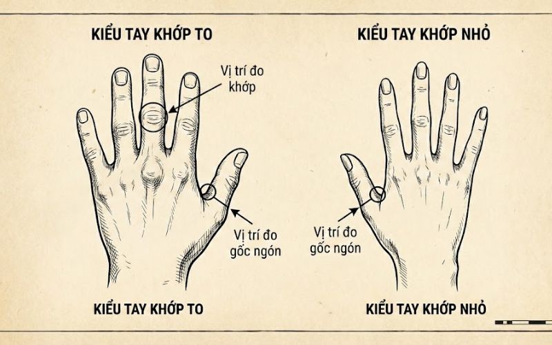 Đo khớp ngón tay và gốc ngón tay đối với kiểu tay khớp to và nhỏ