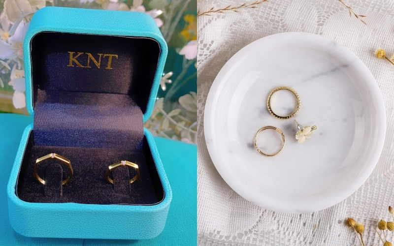 Bạn có thể dùng hộp hoặc khay/đĩa nhỏ để cất giữ và bảo quản nhẫn cưới 