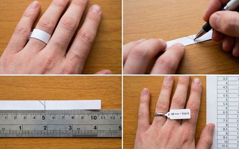 Đo chu vi ngón tay bằng dải giấy để chọn size nhẫn
