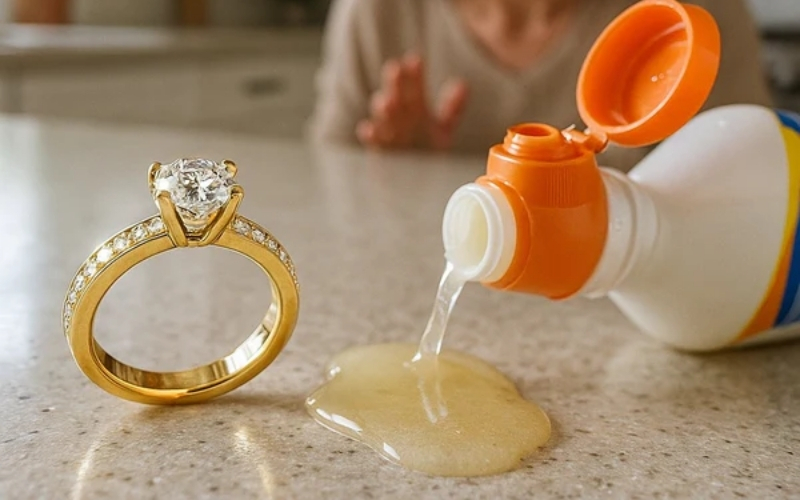 Bạn nên tránh để nhẫn cưới tiếp xúc với chất dễ ăn mòn cũng như hóa chất