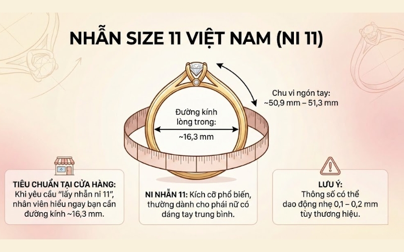 Nhẫn size 11 Việt Nam có đường kính lòng trong khoảng 16,3 mm (chu vi 50,9 mm)