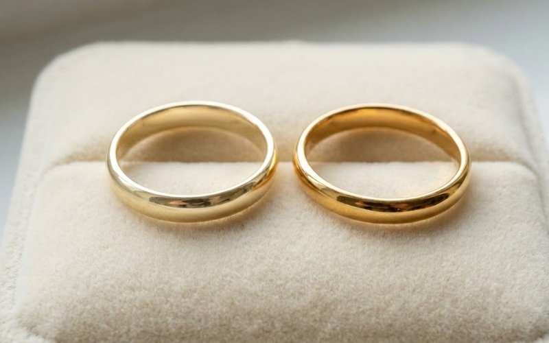 Màu sắc nhẫn vàng 18KGP (bên trái) so với nhẫn vàng 18K (bên phải)