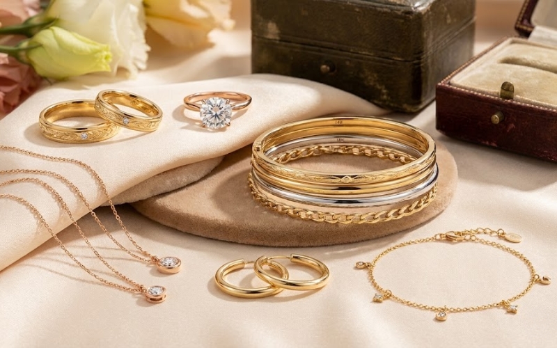 Các loại trang sức vàng tây phổ biến như nhẫn cưới, vòng tay, dây chuyền