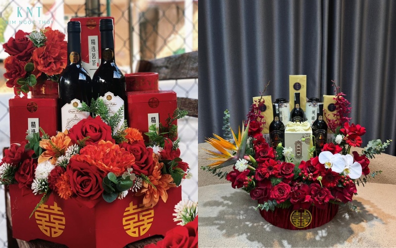 Tráp rượu - trà được trang trí tinh tế, thể hiện sự chu đáo và sự gắn kết giữa hai gia đình